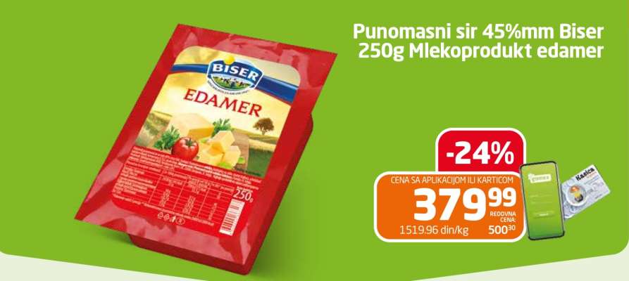 Punomasni sir 45%mm Biser 250g Mlekoprodukt edamer