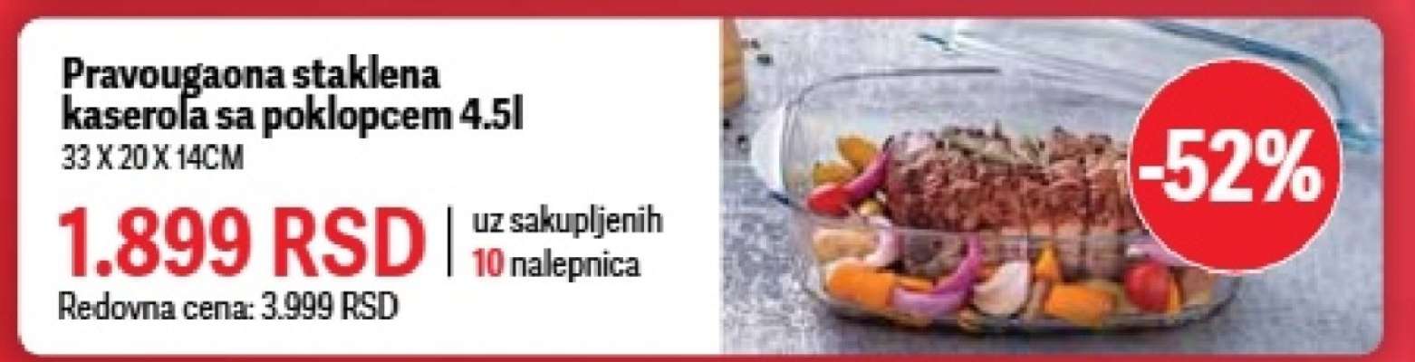 Pravougaona staklena kaserola sa poklopcem 4.5l