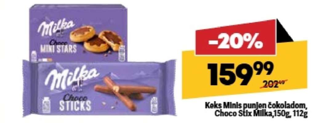 Keks Minis punjen čokoladom, choco stix Milka, 150g/112g