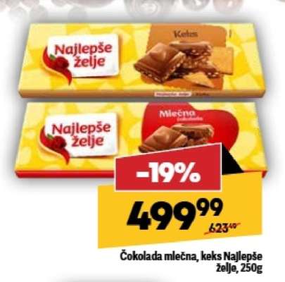 Čokolada mlečna, keks Najlepše Želje, 250g