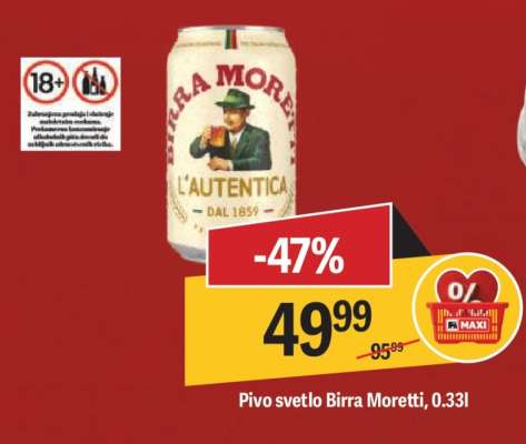 Pivo svetlo Birra Moretti 0.33l