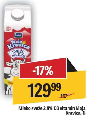 Mleko sveže 2.8% D3 vitamin Moja kravica, 1l