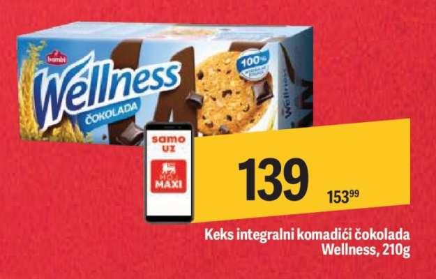 Keks integralni komadići čokolada Wellness 210g