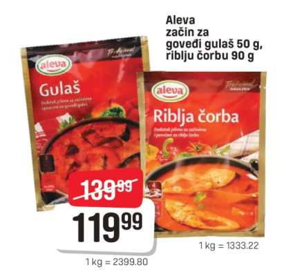 Aleva začin za goveđi gulaš 50 g, riblju čorbu 90 g