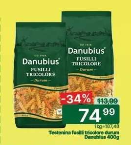 Testenina fusilli tricolore durum Danubius 400g