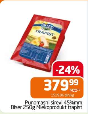 Punomasni sirevi 45%mm Biser 250g Mlekoprodukt trapist