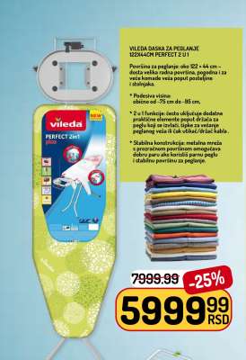 Vileda daska za peglanje 122x44cm Perfect 2 u 1