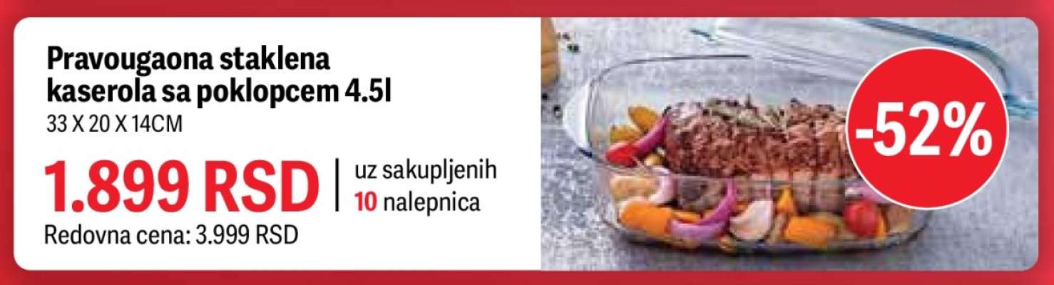 Pravougaona staklena kaserola sa poklopcem 4.5l