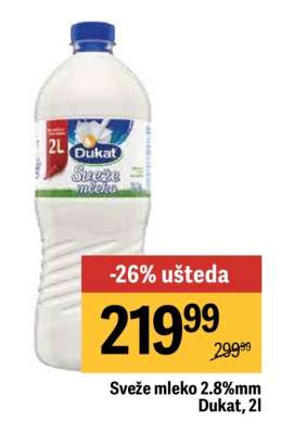 Svěže mléko 2,8% mm Dukat, 2l
