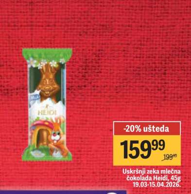 Uskršnji zeka mlečna čokolada Heidi, 45g