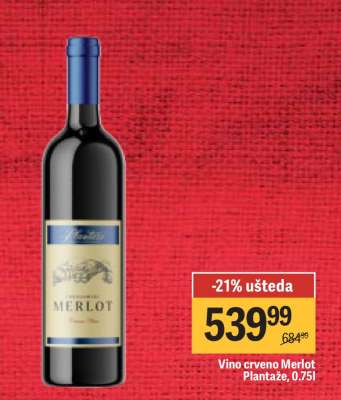 Vino crveno Merlot Plantaže, 0,75l