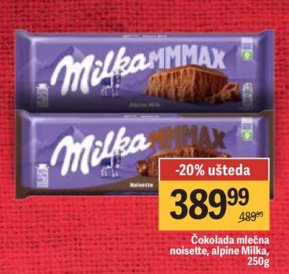 Čokolada mlečna noisette, alpine Milka, 250g