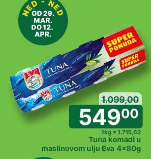 Tuna komadi u maslinovom ulju Eva 4×80g