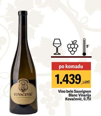 Vino belo Sauvignon Blanc Vinarija Kovačević, 0.75l