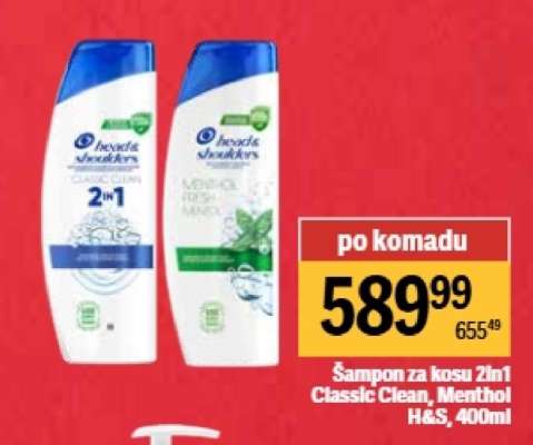 Šampon za kosu 2in1 Classic Clean, Menthol H&S, 400ml