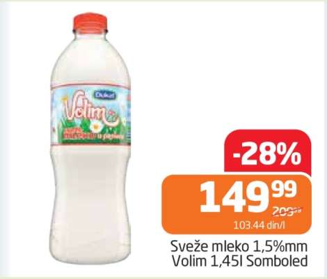 Sveže mleko 1,5%mm Volim 1,45l Somboled