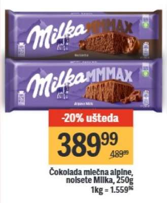 Čokolada mlečna alpine, različite vrste Milka, 250g