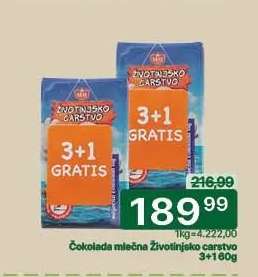Čokolada mlečna Životinjsko carstvo 3+1 60g