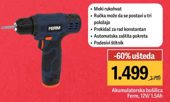 Akumulatorska busilica Ferm, 12V, 1.5Ah