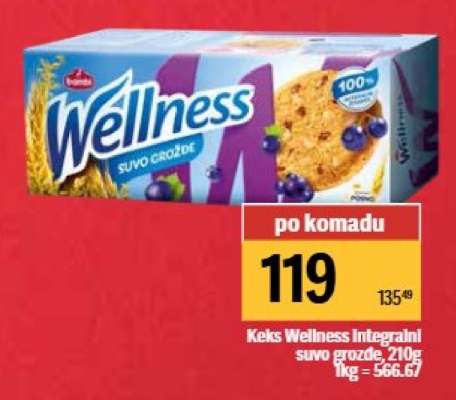 Keks Wellness Integralni suvo grožđe, 210g