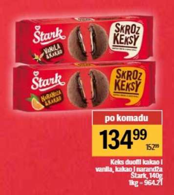 Keks duofill kakao i vanila, kakao i narandža