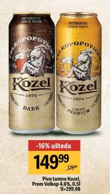 Pivo tamno Kozel, Prem Velkop 4.6%, 0.5l
