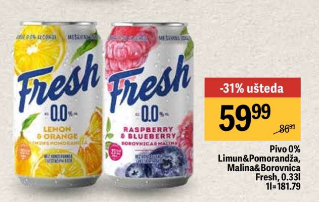 Pivo 0% Limun&Pomorandža, Malina&Borovnica Fresh, 0.33l