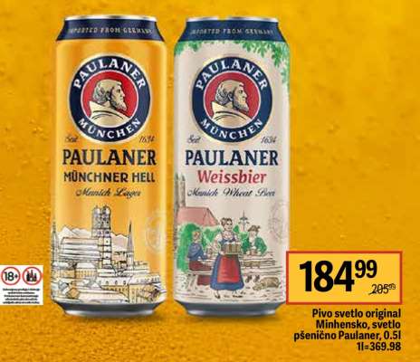 Pivo svetlo original Minhensko, svetlo pšenično Paulaner, 0.5l