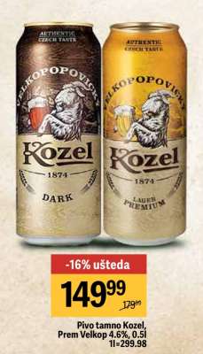 Pivo tamno Kozel, Prem Velkop 4.6%, 0.5l