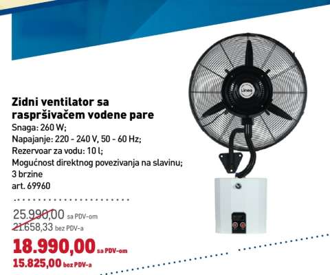 Zidni ventilator sa raspršivačem vodene pare