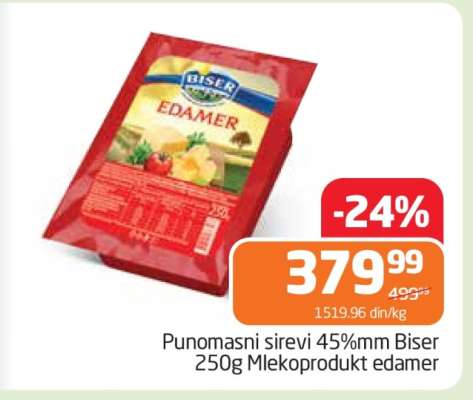 Punomasni sirevi 45%mm Biser 250g Mlekoprodukt edamer