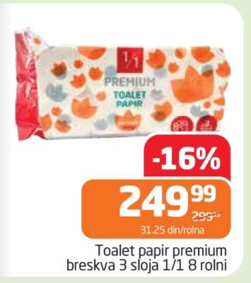 Toalet papir Premium breskva 3 sloja 1/1 8 rolni