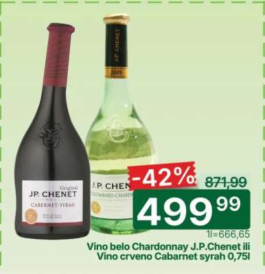 Vino belo Chardonnay J.P. Chenet ili Vino crveno Cabarnet syrah