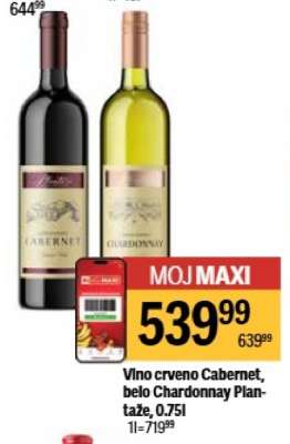 Vino crveno Cabernet, belo Chardonnay Plantaže, 0.75l