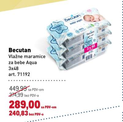Becutan Vlažne maramice za bebe Aqua 3x48