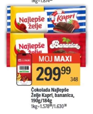 Čokolada Najlepše želje Kapri, bananica, 190g/184g