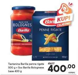 Testenina Barilla penne rigate 500 g + Sos Barilla Bolognese base 400 g