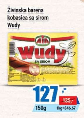 Živinska barena kobasica sa sirom Wudy