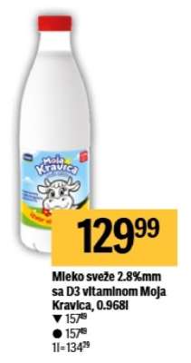 Mleko sveže 2.8%mm sa D3 vitaminom Moja Kravica, 0.968l