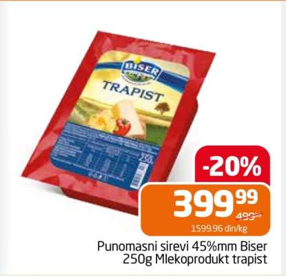 Punomasni sirevi 45%mm Biser 250g Mlekoprodukt trapist