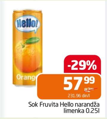Sok Fruvita Hello narandža limenka 0.25l