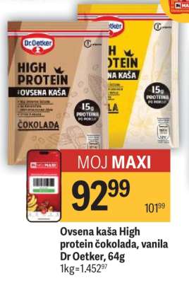 Ovsena kaša High protein čokolada, vanila Dr Oetker, 64g