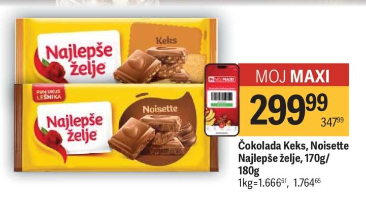 Čokolada keks, Noisette Najlepše želje, 170g, 180g