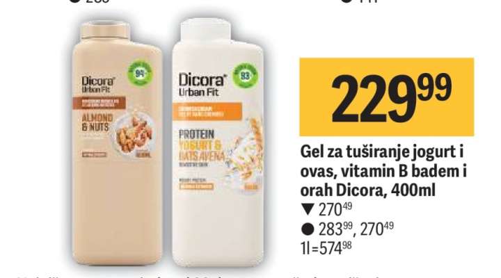 Gel za tuširanje jogurt i ovas, vitamin B badem i orah Dicora, 400ml
