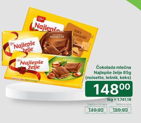 Čokolada mlečna Najlepše želje 85g (noisette, lešnik, keks)