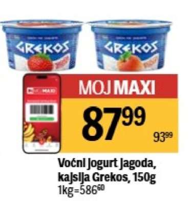 Voćni jogurt jagoda, kajsija Grekos, 150g