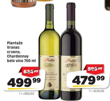 Plantaže Vranac crveno, Chardonnay belo vino 750 ml