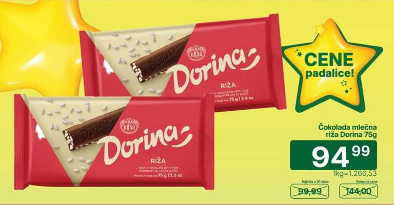 Čokolada mlečna riža Dorina 75g