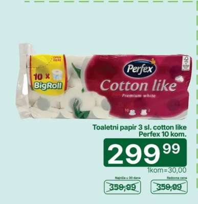 Toaletni papir 3 sl. cotton like Perfex 10 kom.