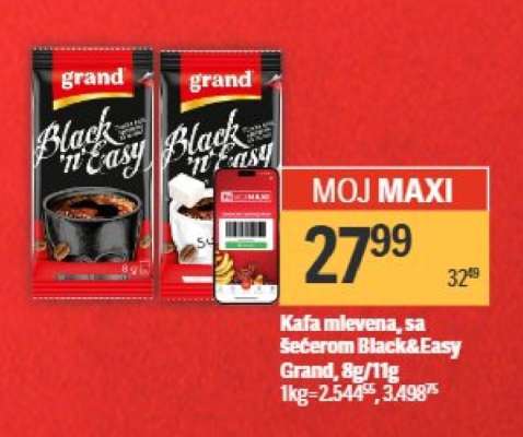 Kafa mlevena, sa šećerom Black&Easy Grand, 8g, 11g